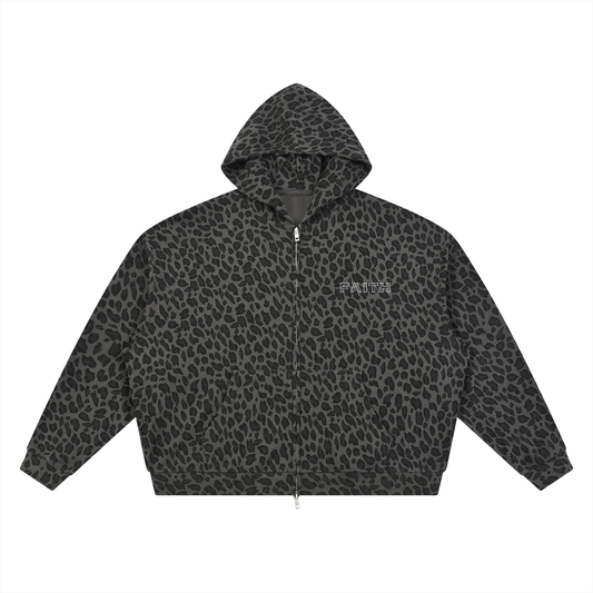 Unisex Leopard Print Waffle Full Zip Hoodie